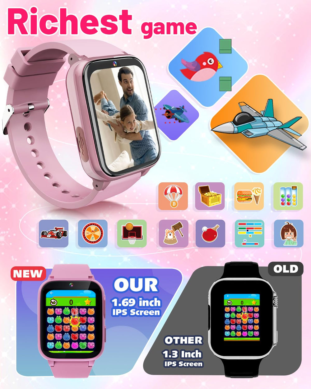Gothwick Kids Smartwatch screen display highlights crisp 1.69-inch touch clarity.