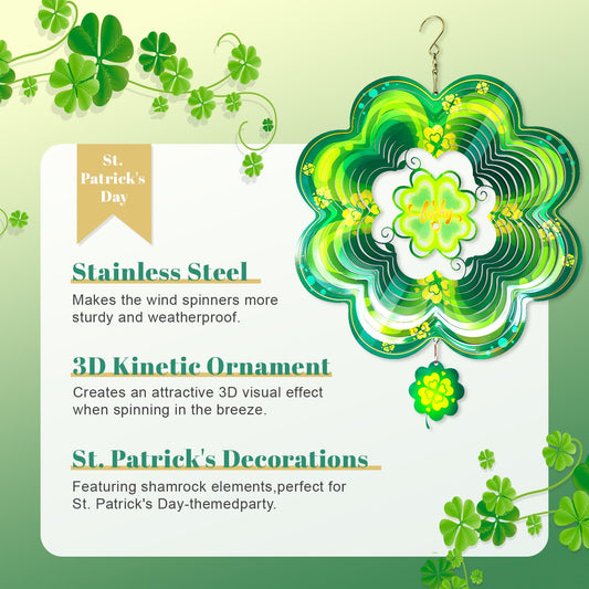 GOTOME Green clover steel wind spinner showcases sturdy construction for windy gardens.