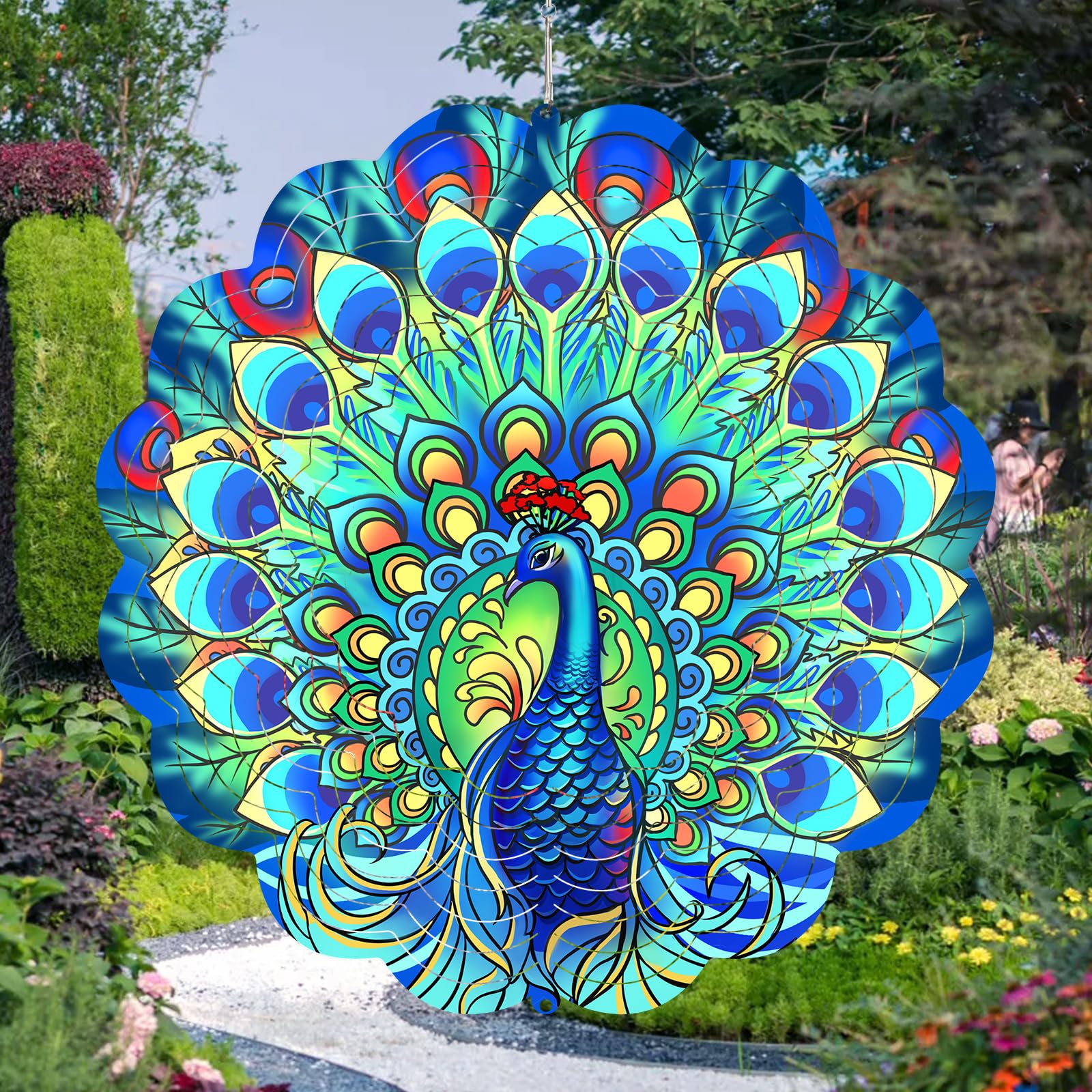 GOTOME Peacock wind spinner with 3D visual effect for vivid outdoor display.