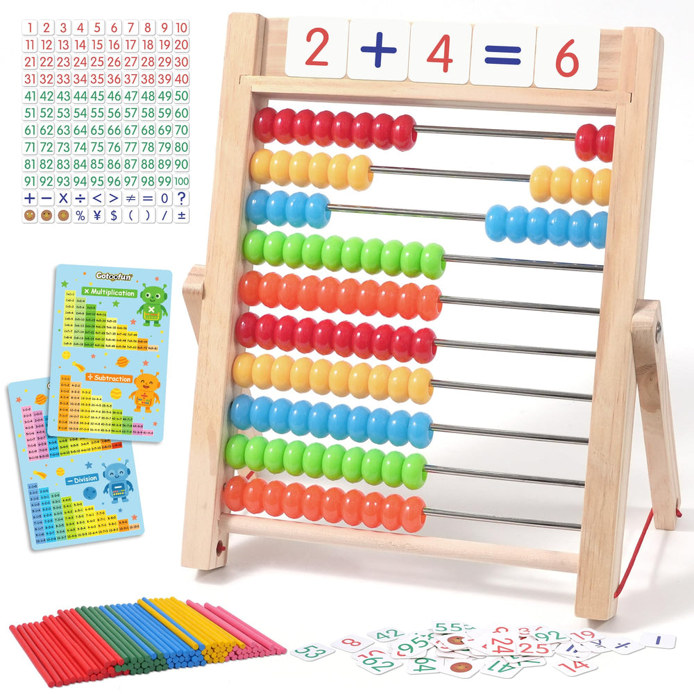 Gotoofun wooden abacus displaying 100 counting sticks for early math practice.
