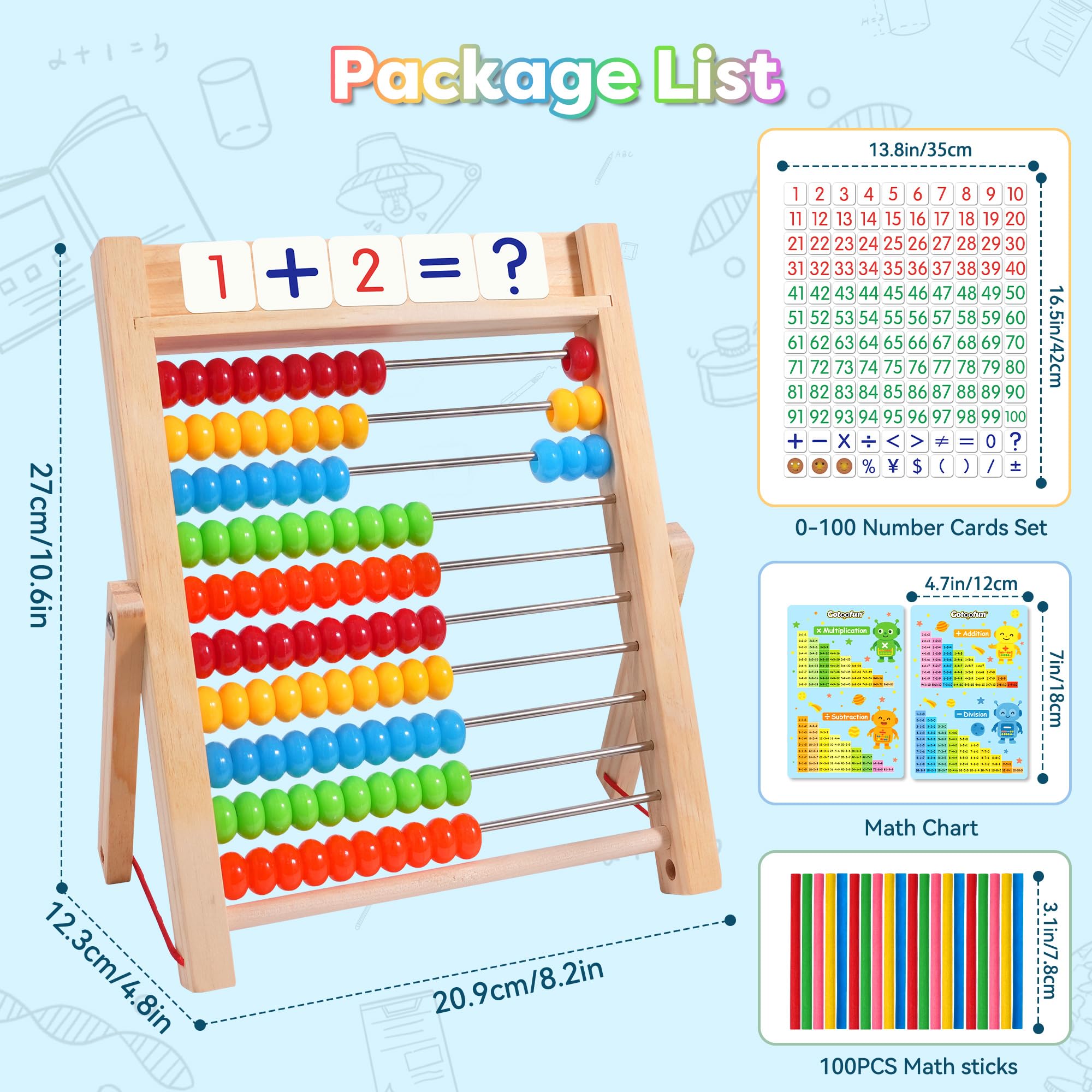 Gotoofun abacus with 120 flash cards highlighting numbers and symbols for learning.