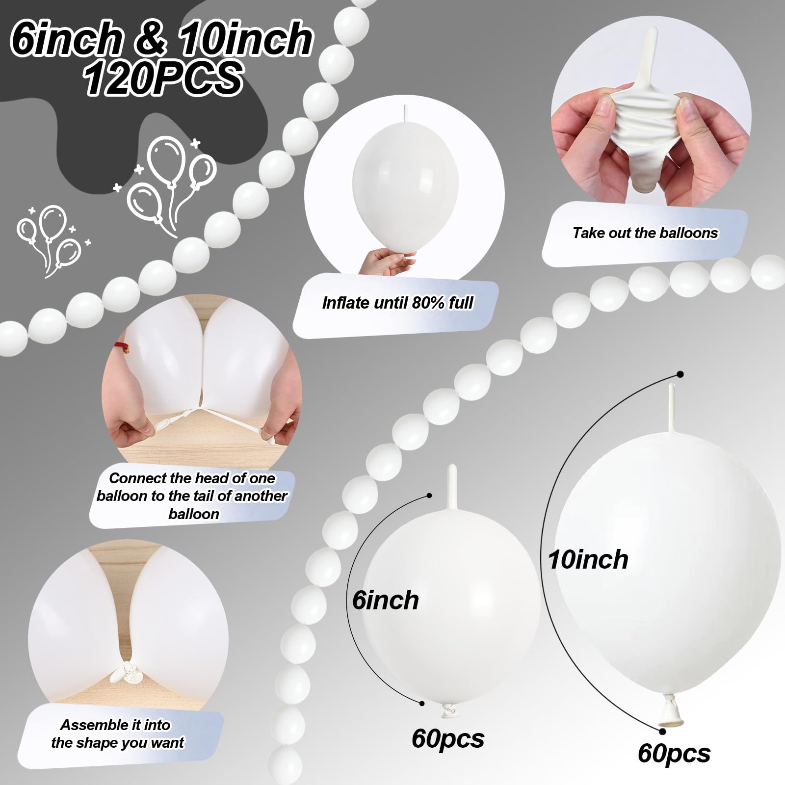 Govpy white quick link balloons 6-inch set for compact garlands.