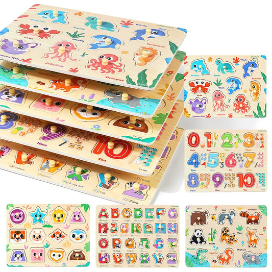 GRINNNIE wooden number peg puzzle for toddlers promotes early numeracy and fine motor skills.