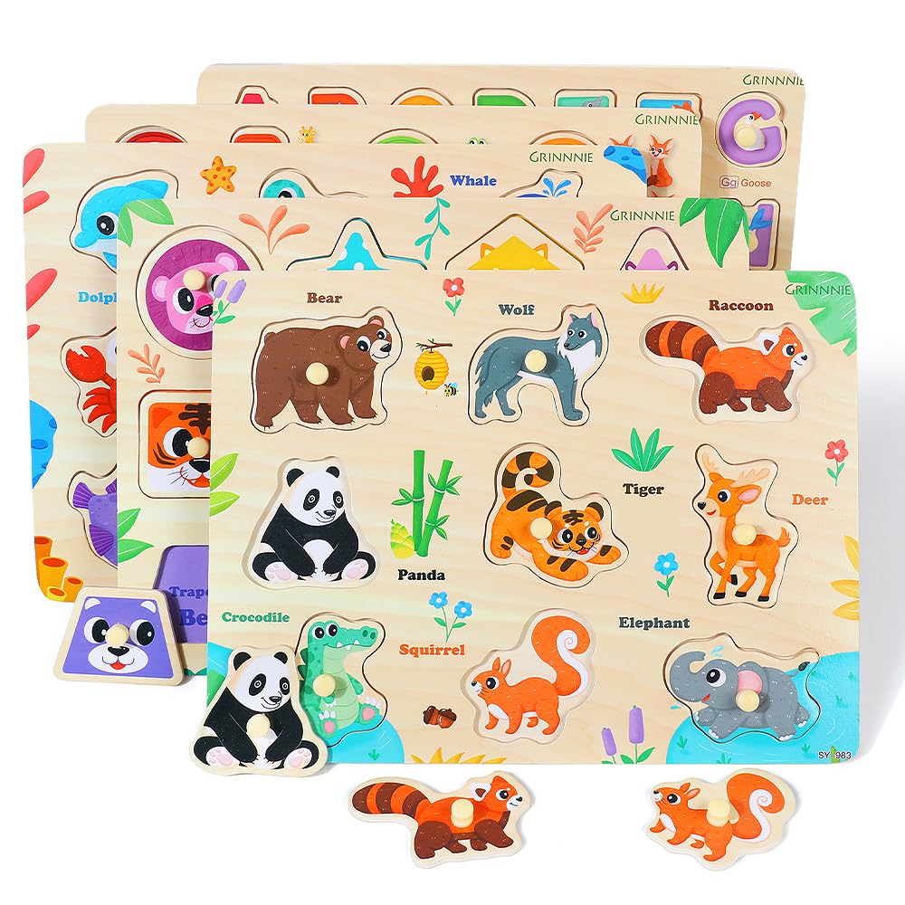GRINNNIE shape peg puzzle encourages shape matching and problem solving.