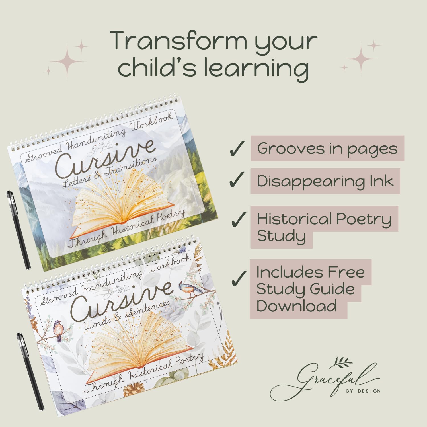 Graceful By Design disappearing ink pens enable reusable practice for kids.