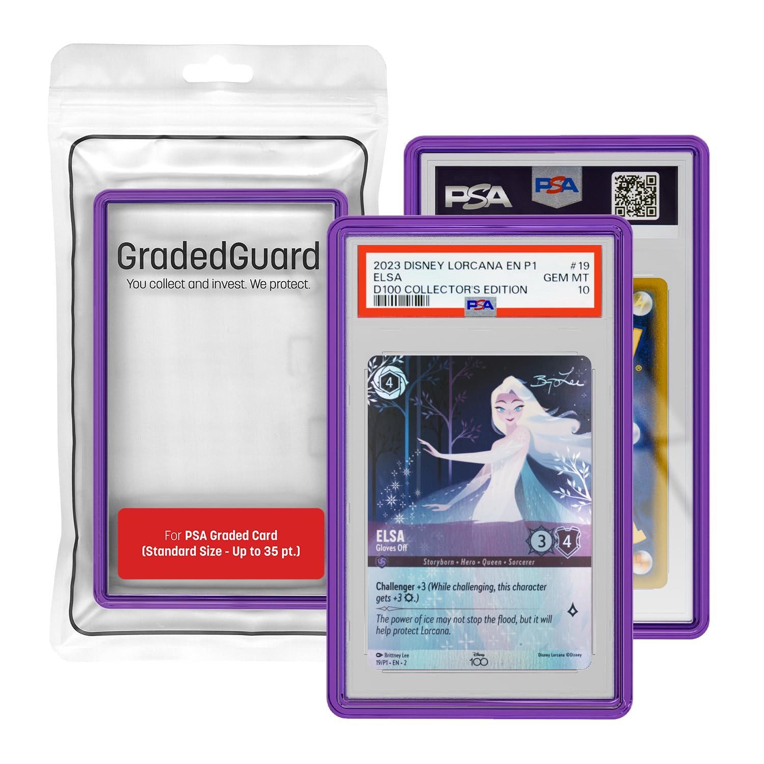 GradedGuard Amethyst front view showing crystal-clear polycarbonate backing for PSA slabs.