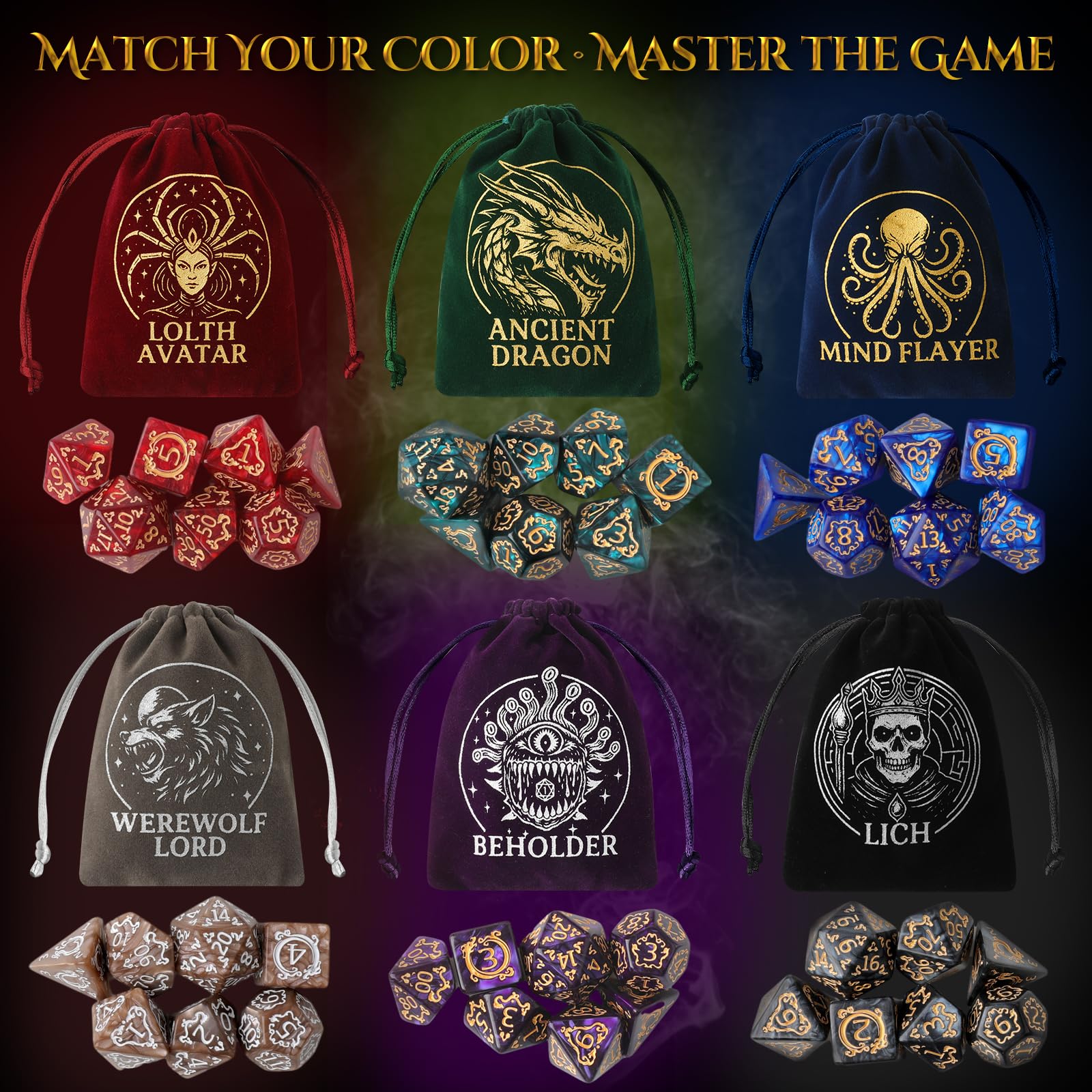 Grajar gold emblem polyhedral dice with high-contrast numerals for clear rolls.
