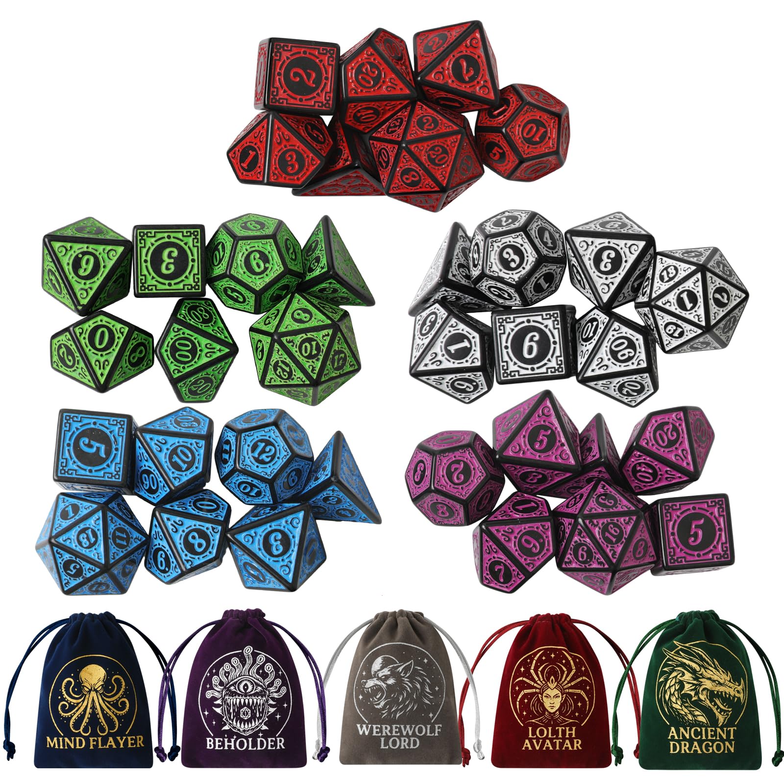 Grajar Vintage Boss dice set with seven polyhedral dice for RPG sessions.