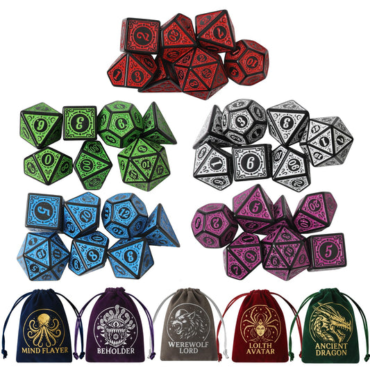 Grajar Vintage Boss dice set with seven polyhedral dice for RPG sessions.