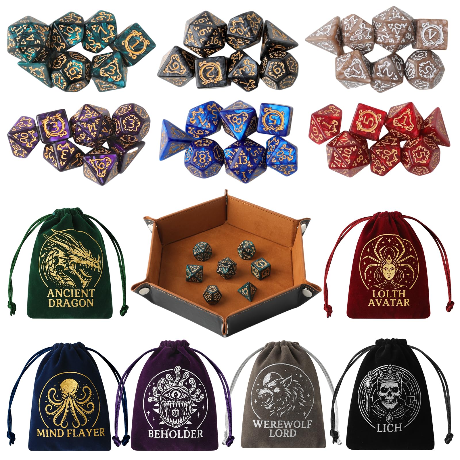 Grajar Vintage Boss Totem dice set with velvet pouches enhances D&D aesthetics.