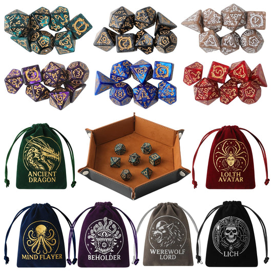 Grajar Vintage Boss Totem dice set with velvet pouches enhances D&D aesthetics.