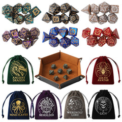 Grajar Vintage Boss Totem dice set with velvet pouches enhances D&D aesthetics.