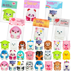 Gralima valentine cards with animal squishy toys for classroom exchanges.