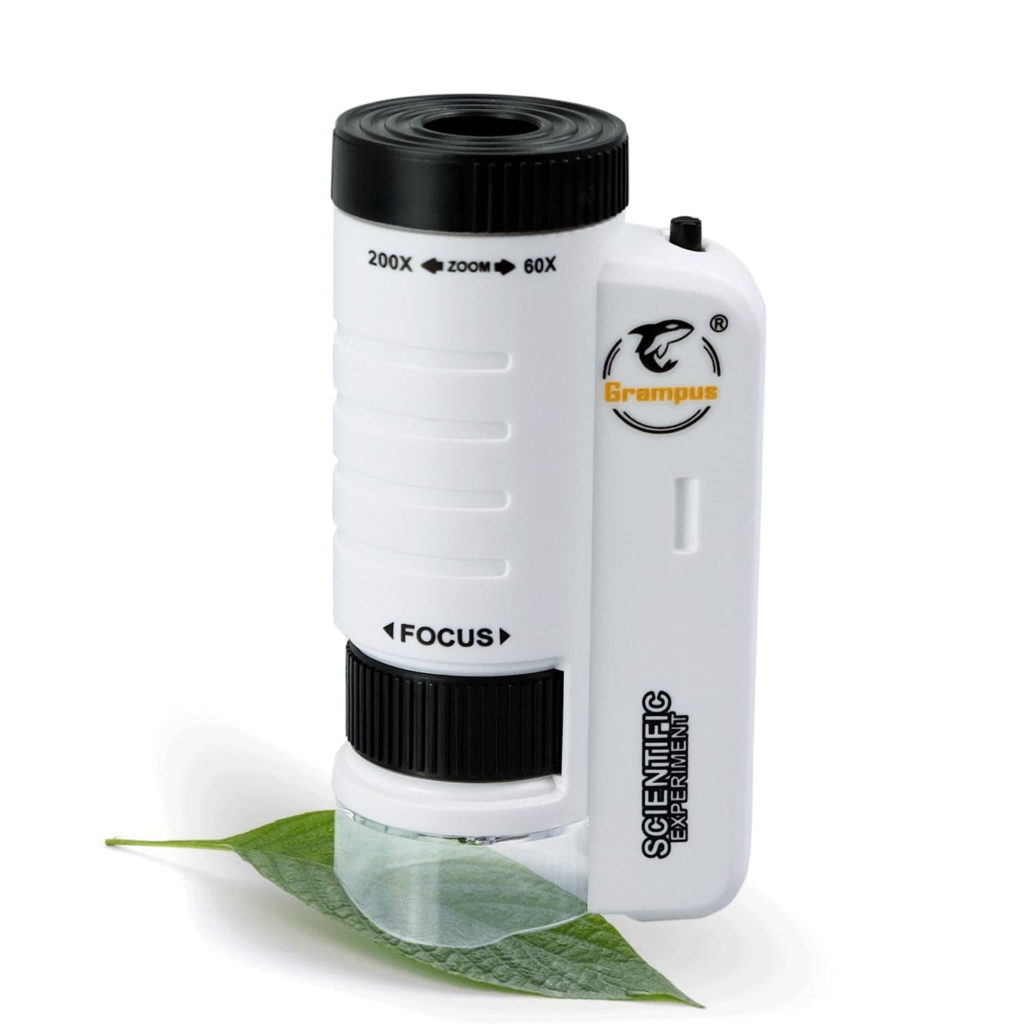 Grampus pocket microscope with 60x-200x zoom for field study.