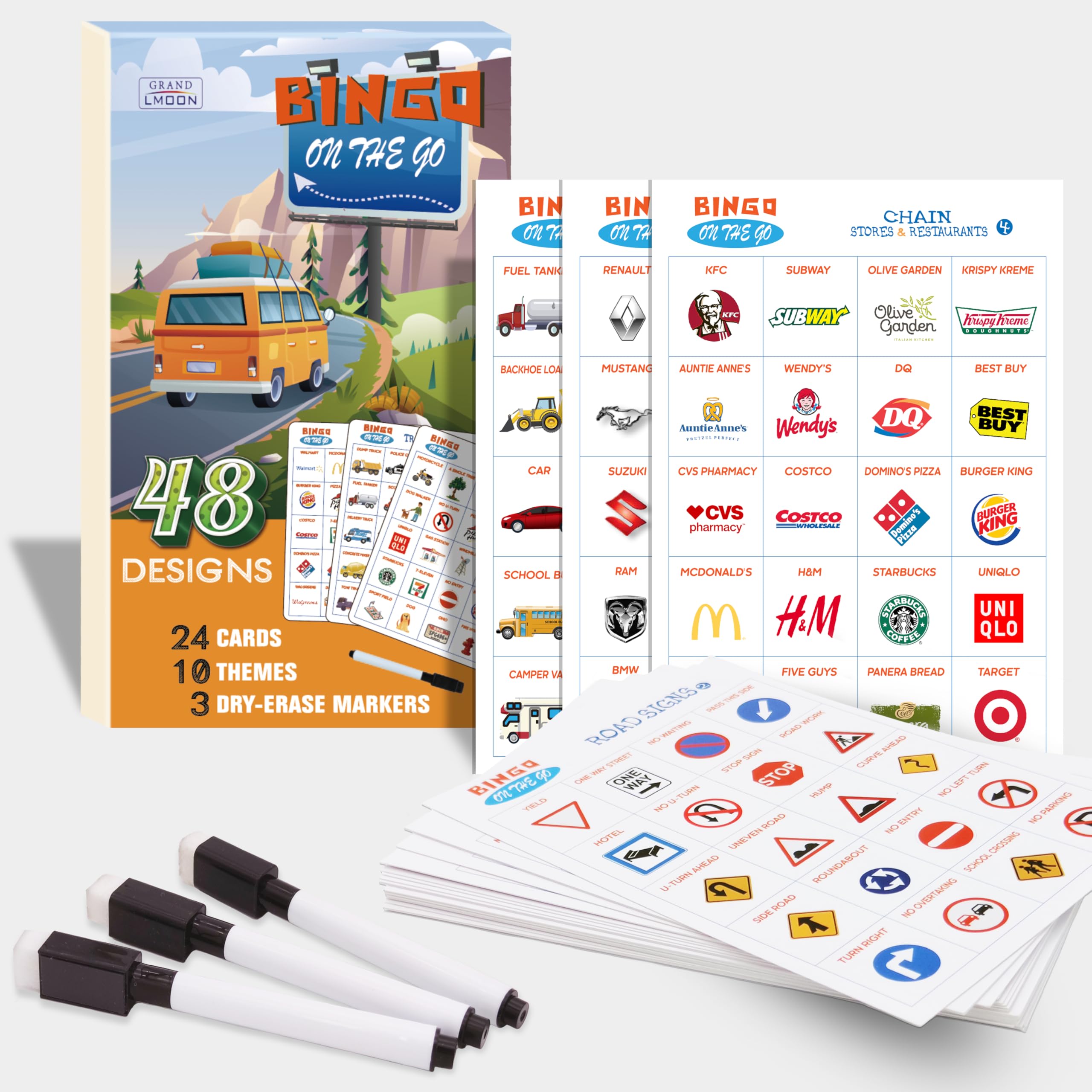 GRANDLMOON car bingo cards show 48 designs for endless backseat fun.