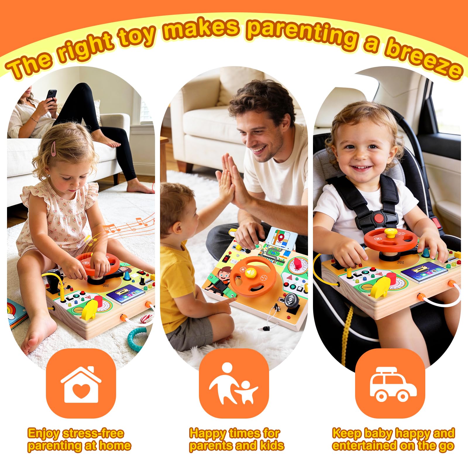 Grarain Busy Board requires two AAA batteries for interactive lights.