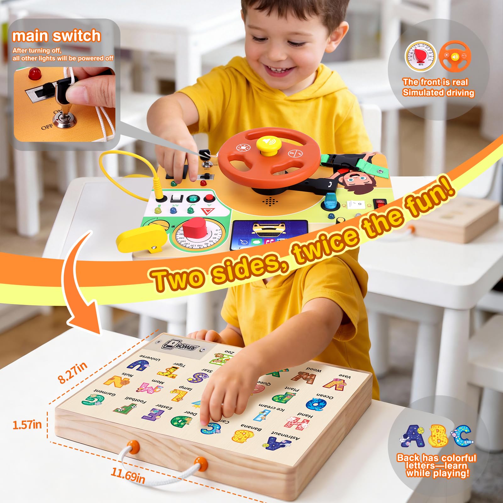 Grarain Busy Board LED lights invite visual tracking and focus.