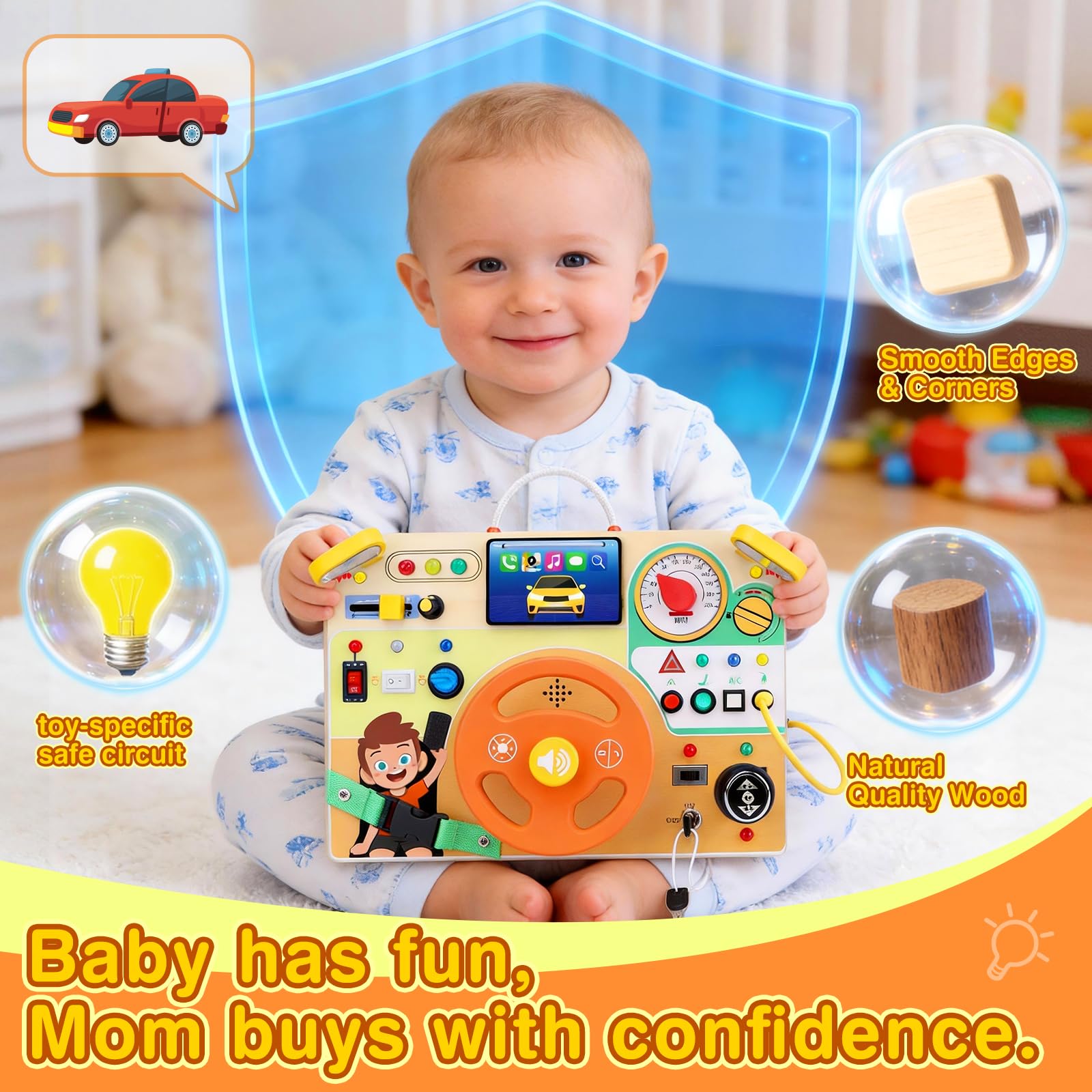 Grarain Busy Board wooden frame ensures durable, safe play.