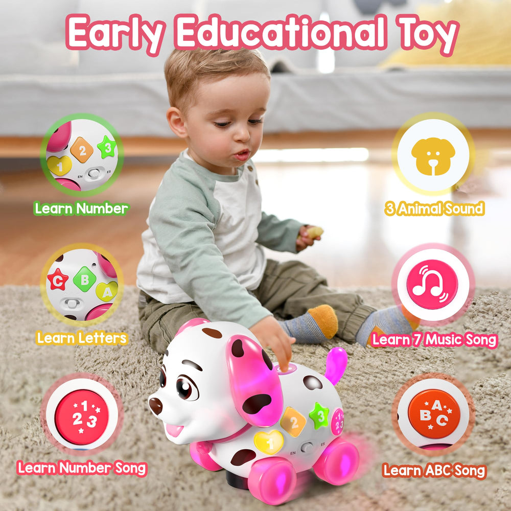 Grasili musical puppy toy in crawling action encourages movement and tummy time exploration