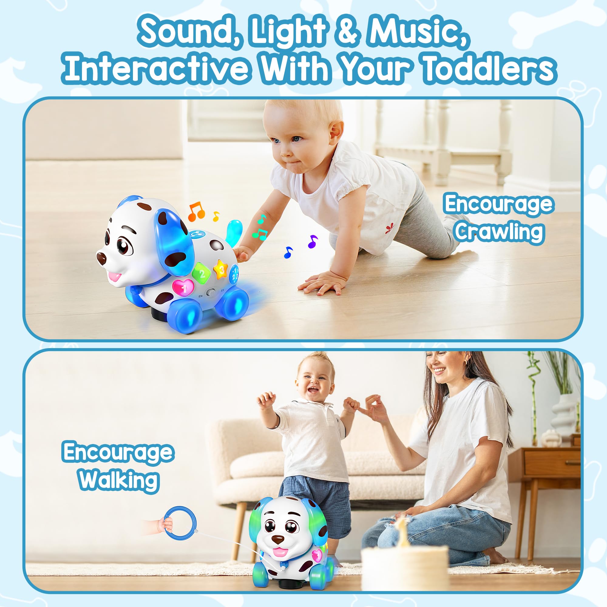 Grasili musical puppy toy moving tunes demonstrates interactive play for crawling.