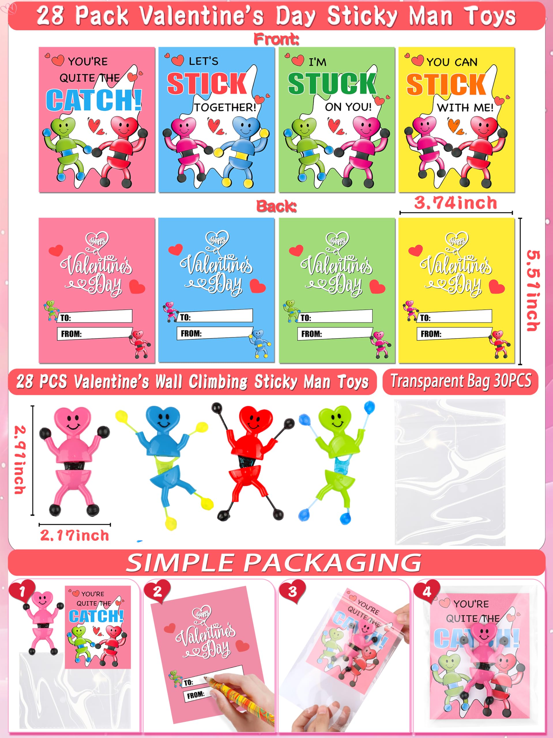 Grastfu pink heart sticky man with cards ready for classroom exchange