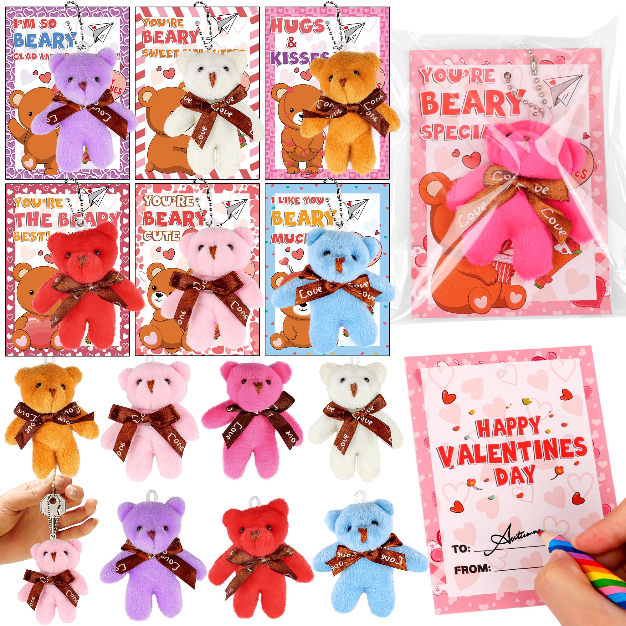 Grastfu valentines bear plush with keychain, perfect for kids' backpacks.