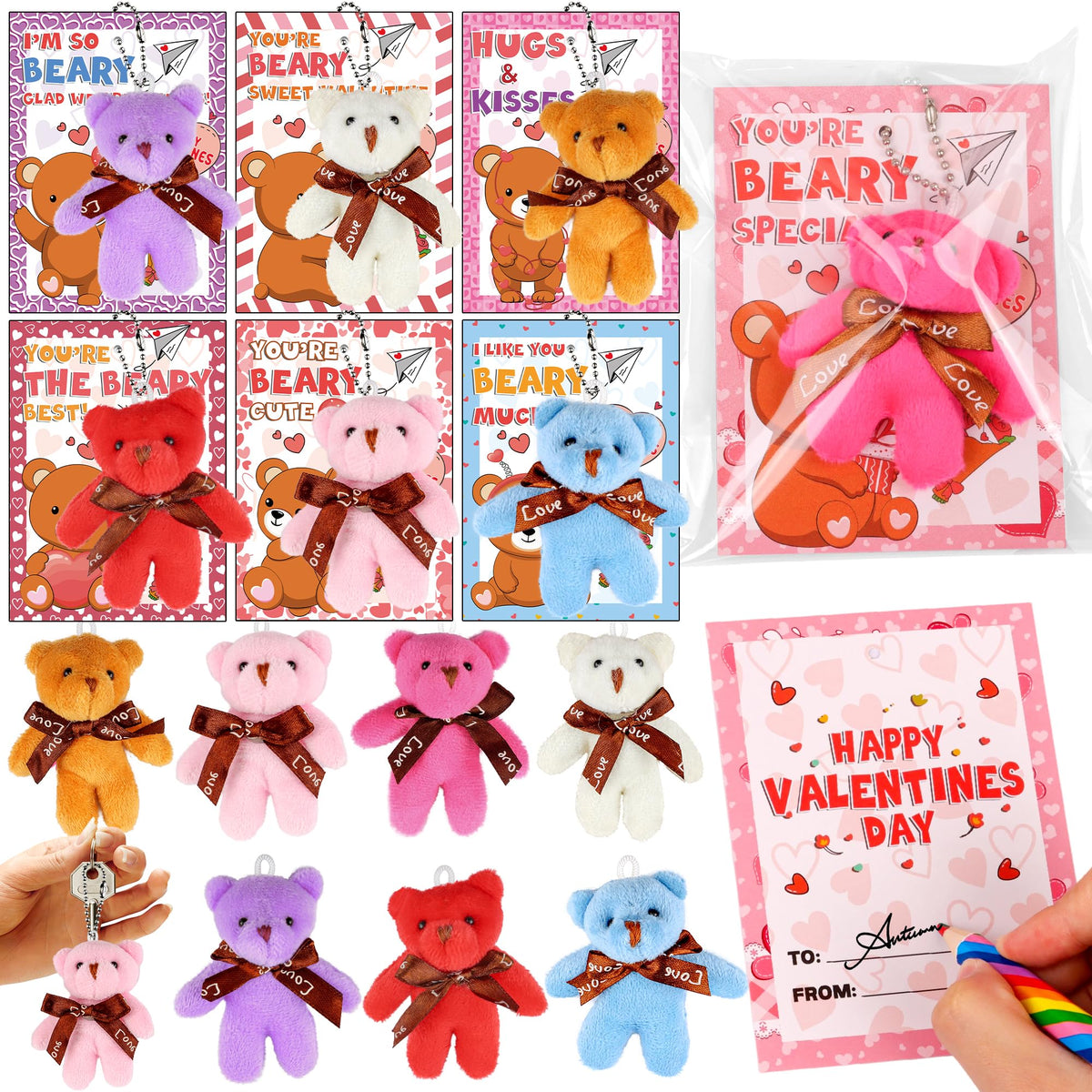 Grastfu valentines bear plush with keychain, perfect for kids' backpacks.