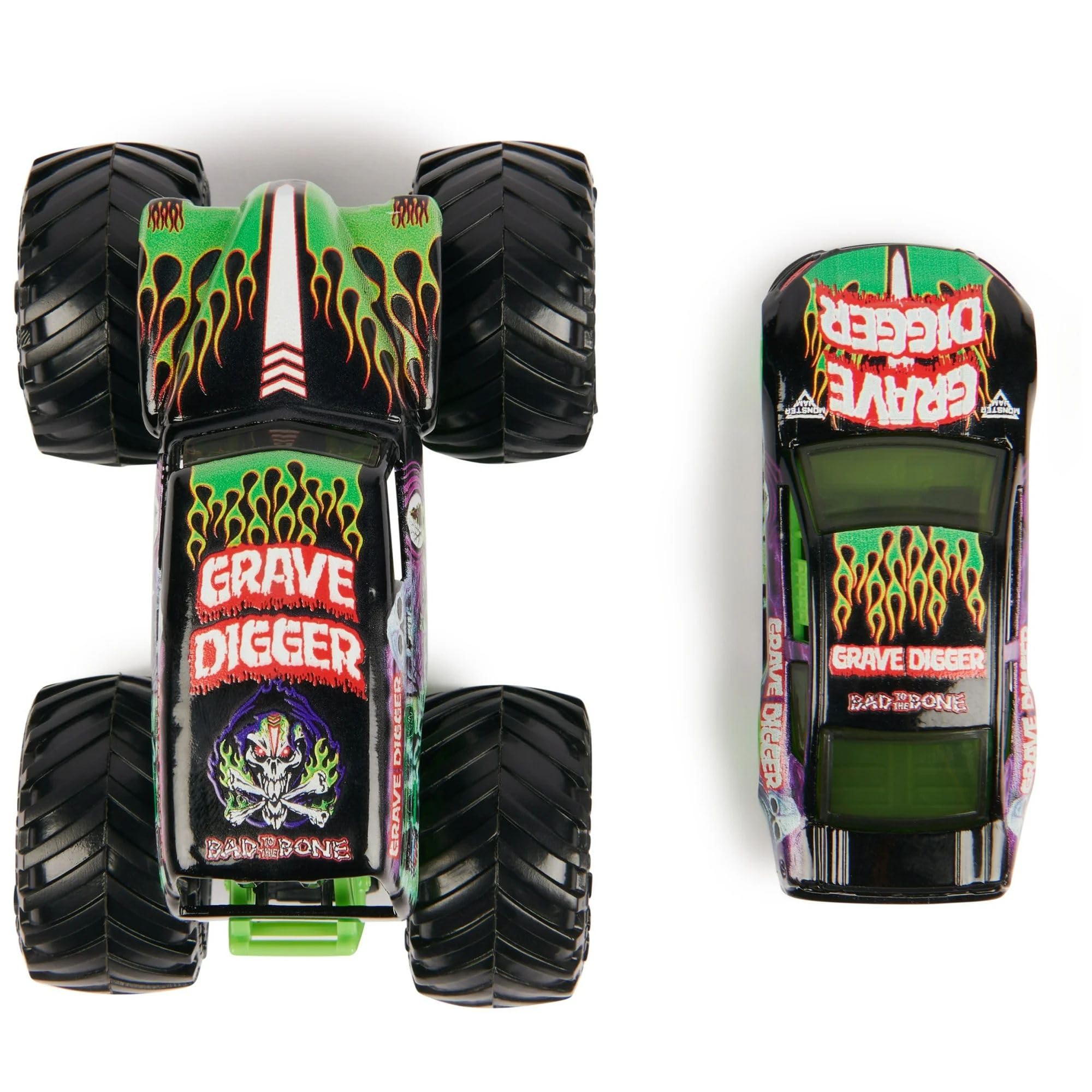 Grave Digger 1:64 race car top view highlights sleek design and decals.