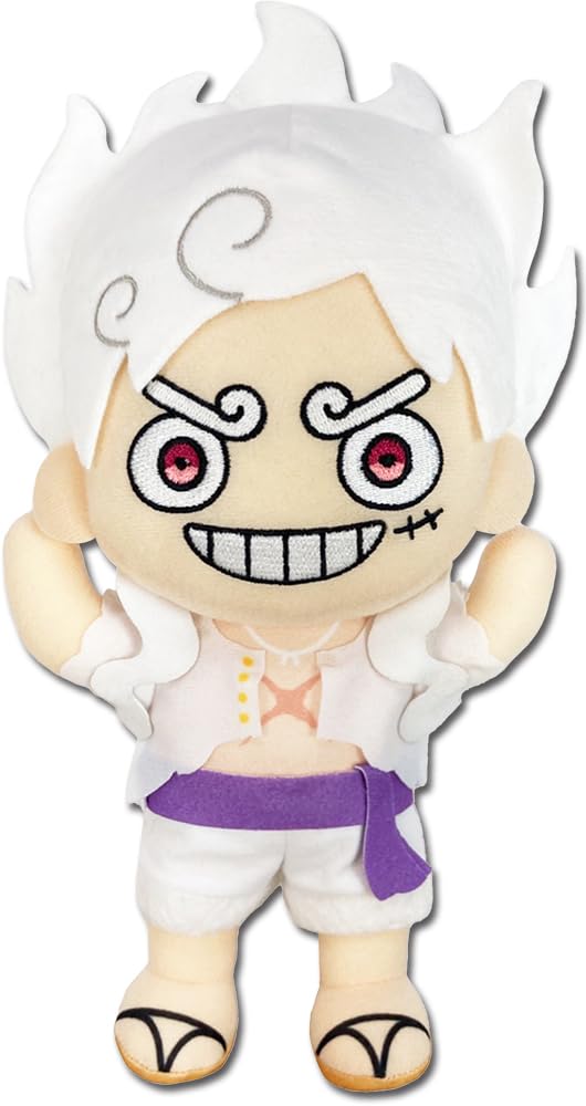 Great Eastern Entertainment One Piece Gear 5 Luffy plush with arms raised, for display or cuddling.
