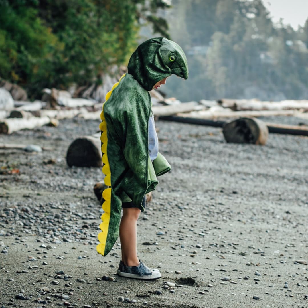 Great Pretenders T-Rex Hooded Cape in action demonstrates quick dress-up moments.