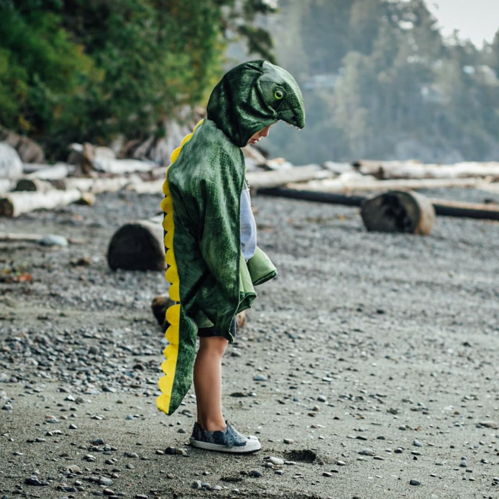 Great Pretenders T-Rex Hooded Cape in action demonstrates quick dress-up moments.