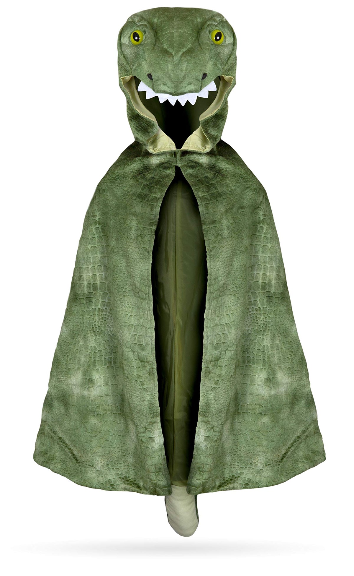 Great Pretenders T-Rex Hooded Cape front view shows textured velour for playful adventures.