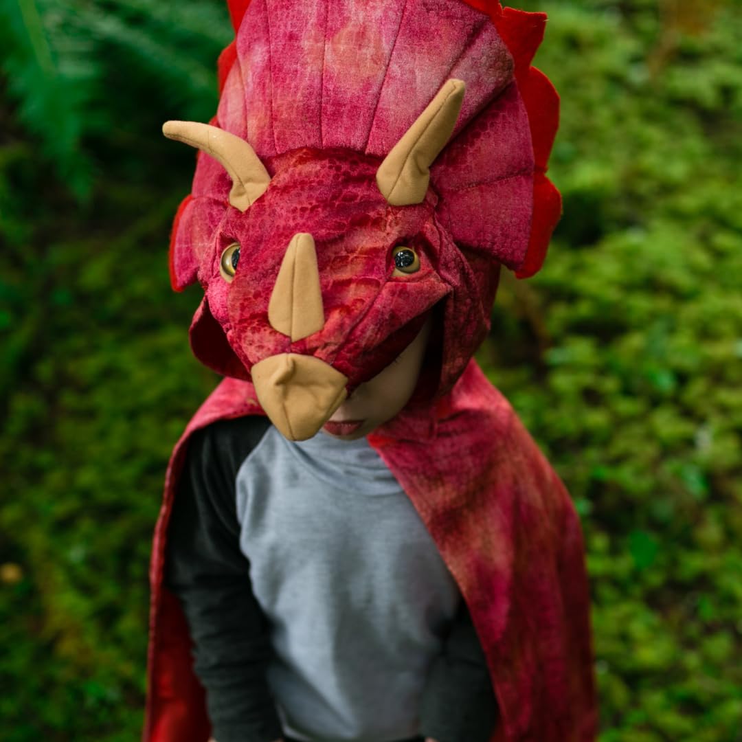 Great Pretenders Triceratops hooded cape with easy-on, easy-off design for quick dressing.