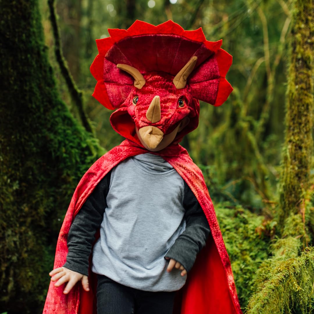 Great Pretenders Triceratops hooded cape made from soft polyester for gentle wear.