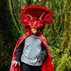 Great Pretenders Triceratops hooded cape made from soft polyester for gentle wear.