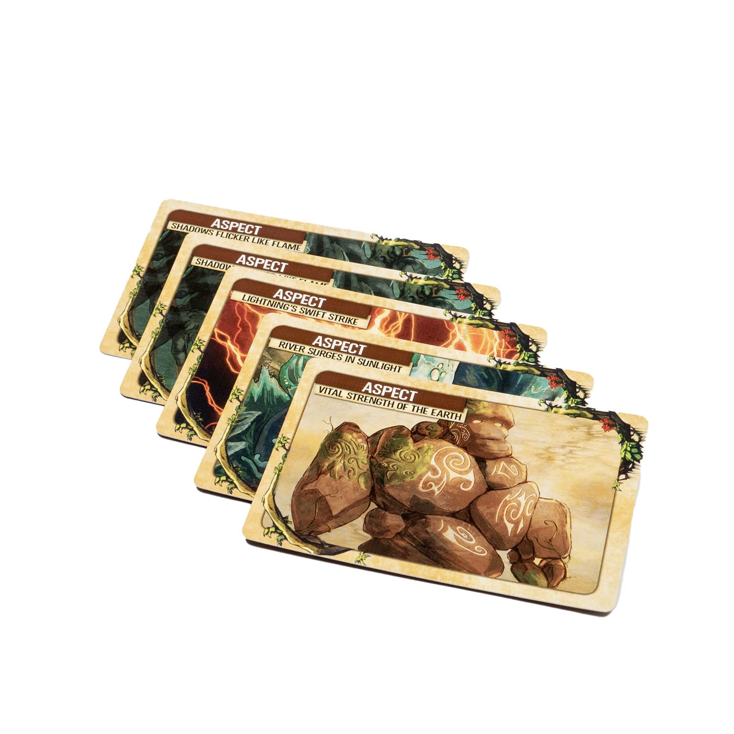 Greater Than Games Spirit Island Feather & Flame, five aspect cards offer fresh ways to play.