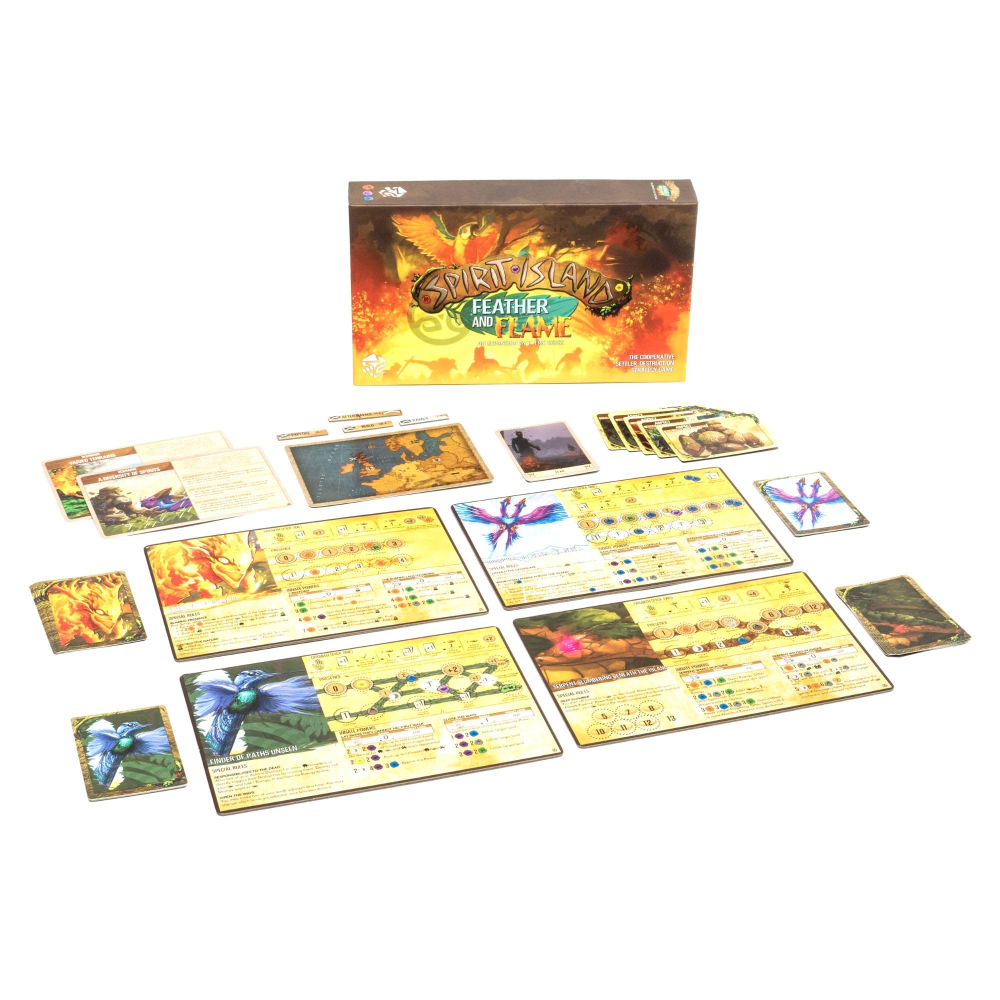 Greater Than Games Spirit Island Heart of the Wildfire foil panel enhances dramatic visuals.