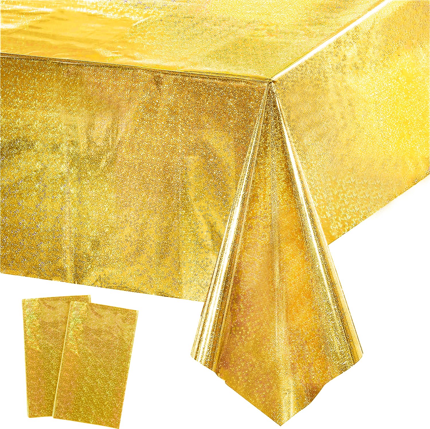 GreatRIL gold party tablecloth over rectangular birthday setup for an elegant table