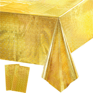 GreatRIL gold party tablecloth over rectangular birthday setup for an elegant table