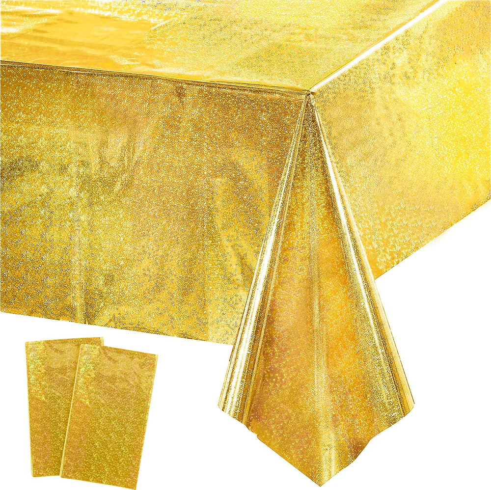 GreatRIL gold party tablecloth over rectangular birthday setup for an elegant table