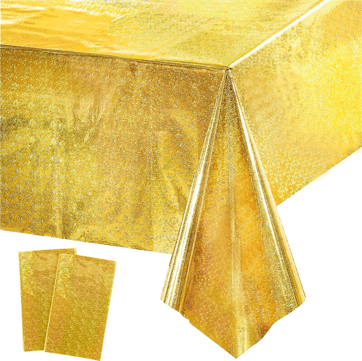 GreatRIL gold party tablecloth over rectangular birthday setup for an elegant table