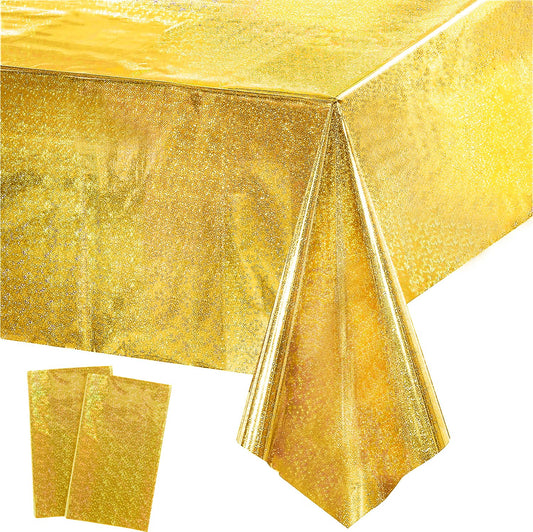 GreatRIL gold party tablecloth over rectangular birthday setup for an elegant table