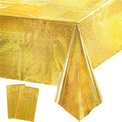 GreatRIL gold party tablecloth over rectangular birthday setup for an elegant table