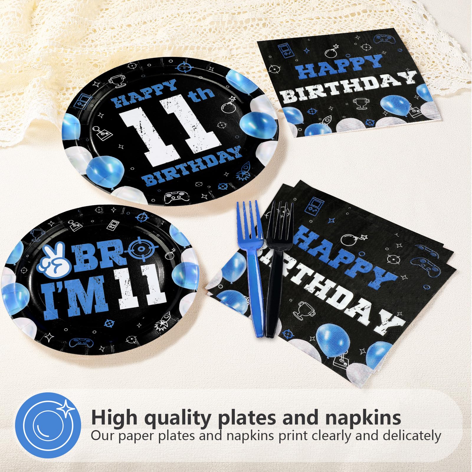 Greencian 11th birthday napkins in blue and black add soft absorbent support