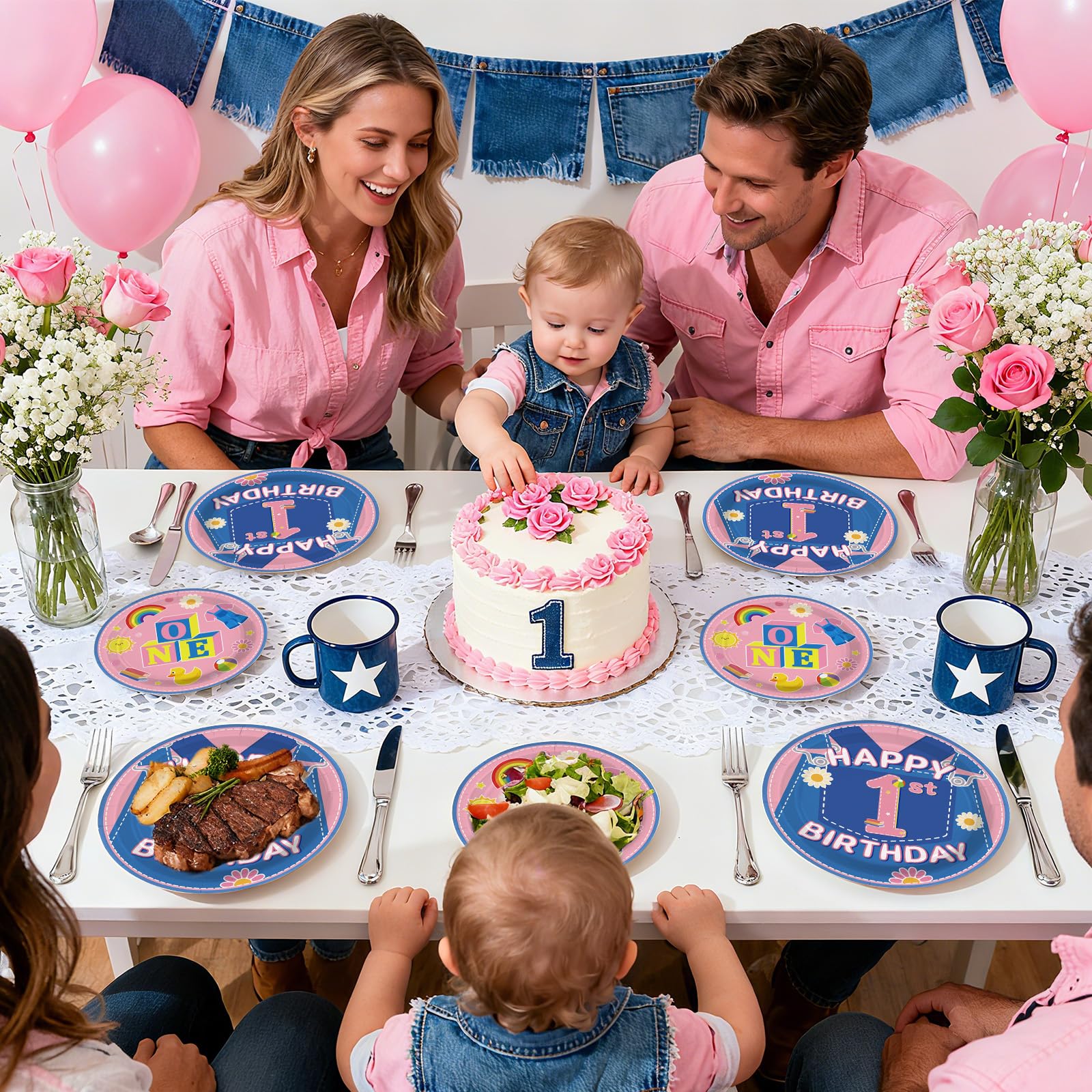 Greencian pink cowboy rainbows motif brightens a girl birthday table