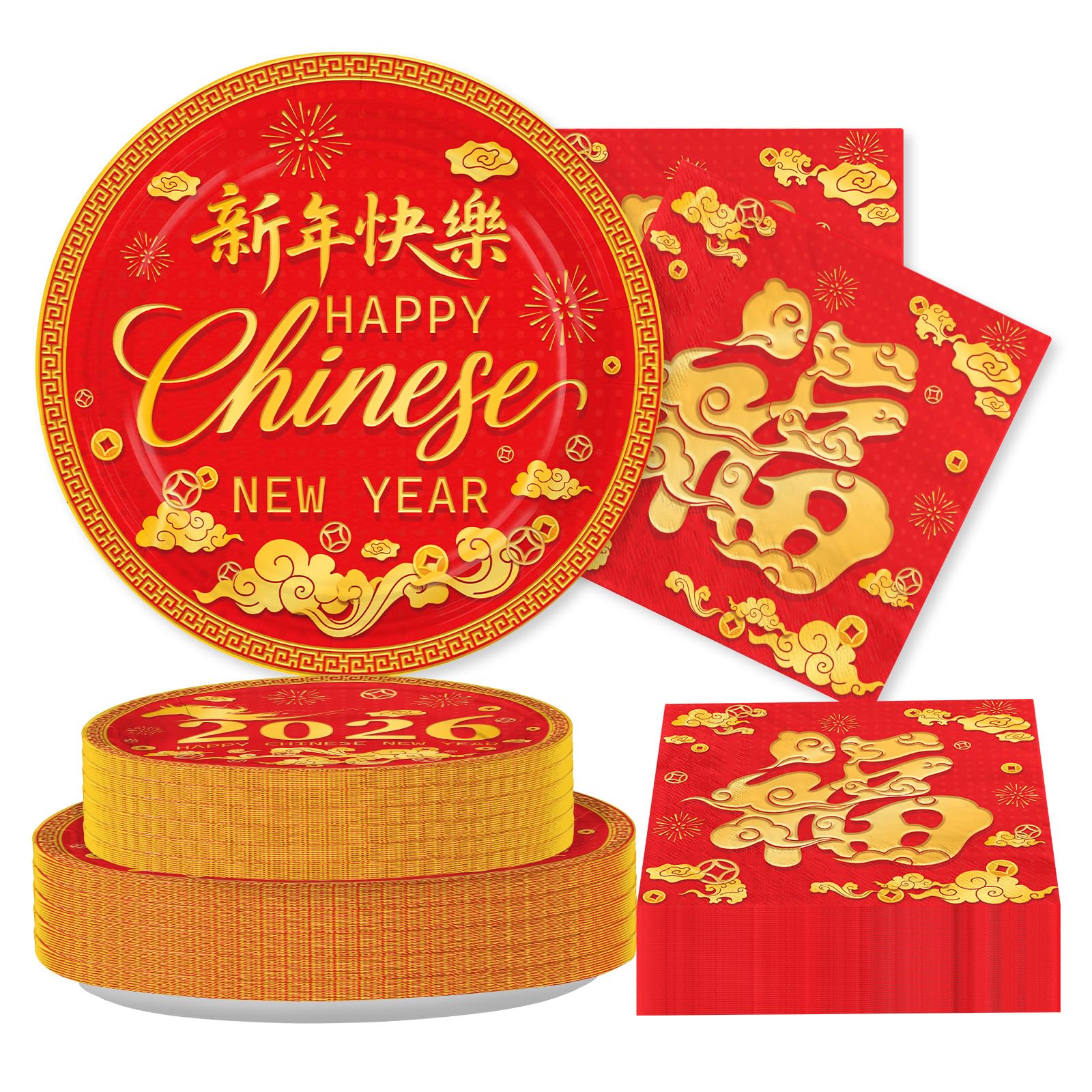 Greencian 9-inch paper plates for Chinese New Year party, sturdy for festive meals.