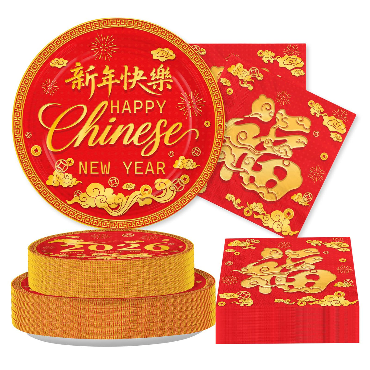 Greencian 9-inch paper plates for Chinese New Year party, sturdy for festive meals.