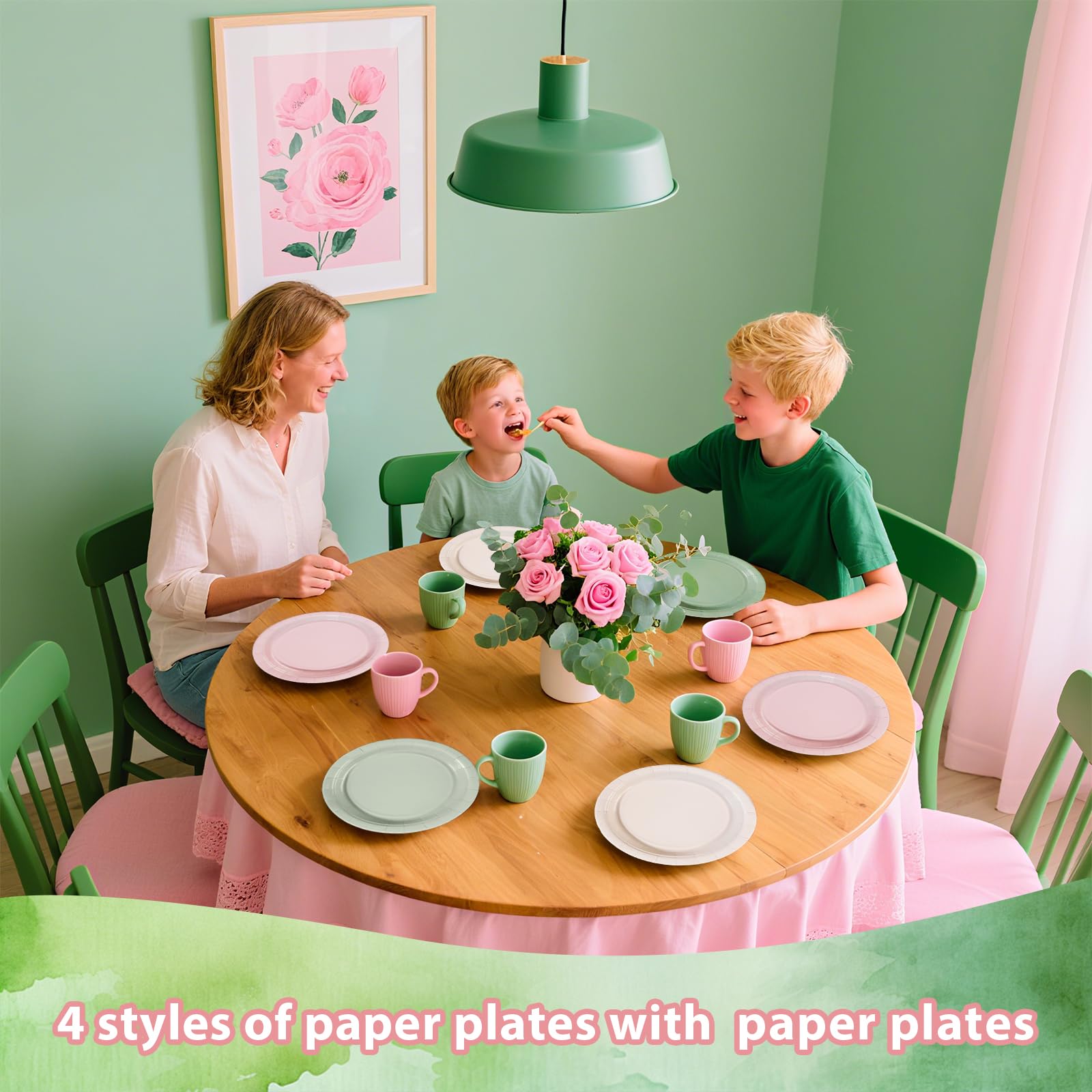 Greencian color-coordinated pink and sage greens enhance spring party aesthetics.