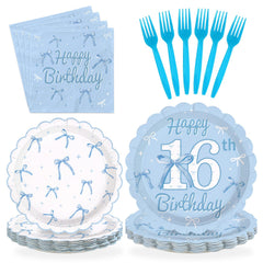 Greencian Blue Bow dinner plates for a stylish 16th birthday celebration.
