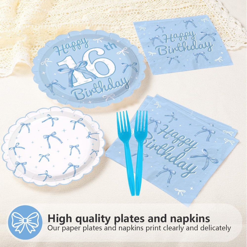 Greencian Blue Bow napkins provide soft absorbency for quick party cleanups.